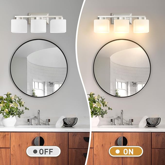 3-Light Bathroom Light Fixtures - Brushed Nickel Bathroom Vanity Lights with Glass Shade Modern Bathroom Lighting Fixtures Over Mirror - Wall Sconce Lamps for Bedroom,Living Room,Hallway