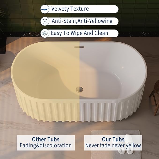 59" Freestanding Bathtub, Acrylic Soaking Tub with V Shape Pleated Design, Chrome Drain & Classic Slotted Overflow, CUPC Certified, Gloss White for Modern Bathroom