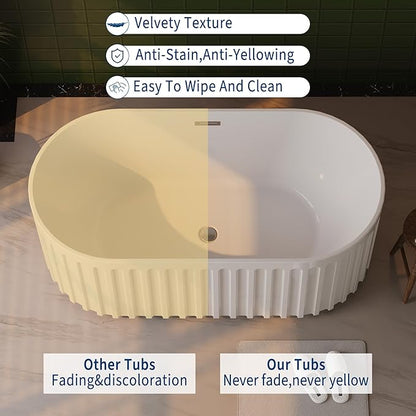 59" Freestanding Bathtub, Acrylic Soaking Tub with V Shape Pleated Design, Chrome Drain & Classic Slotted Overflow, CUPC Certified, Gloss White for Modern Bathroom