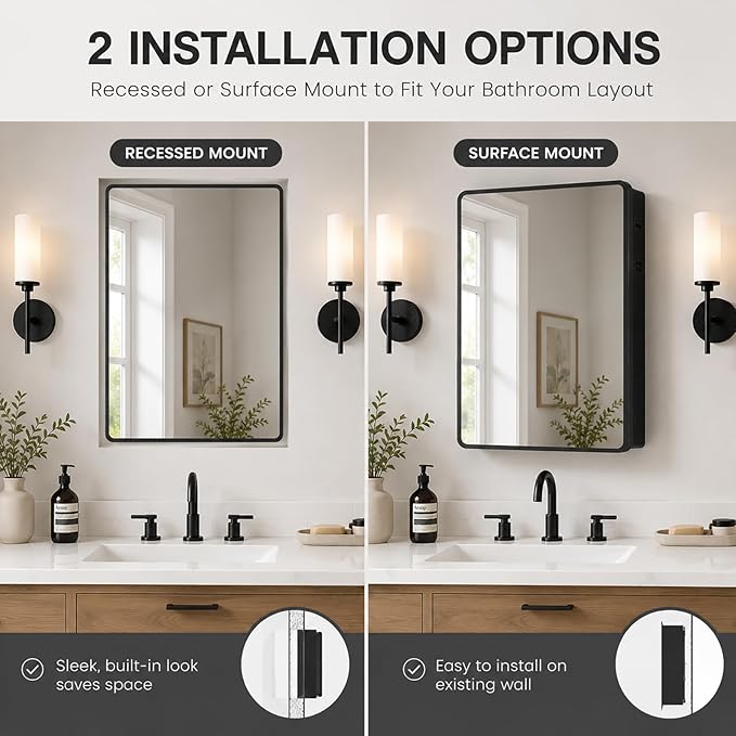 16x22 Medicine Cabinet with Mirror, Black Metal, Recessed or Surface Mount | 2 adjustable metal shelves, soft-close hinge, reversible installation, 95% assembled, cutout 13.82"W x 17.52"H x 3.66"D