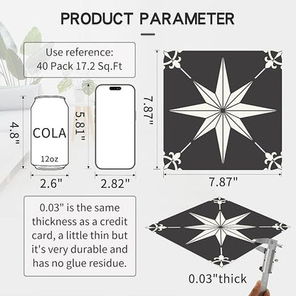MORCART 40PCS 7.87" x 7.87" Peel and Stick Floor Tile, Black and White | Self-Adhesive DIY Vinyl Flooring, Removable and Waterproof Tile Sticker for Bathroom, Kitchen, Wall, Bedroom, Stairs