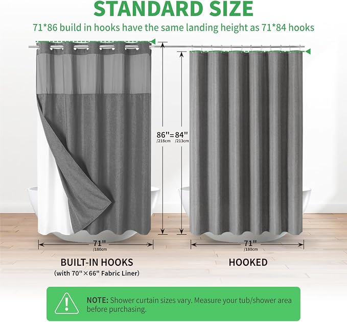 eachope Extra Long No Hook Shower Curtain and Liner Set,71x86 Charcoal Grey | Extra Long,Linen Texture,230GSM Thick Fabric,Mesh Window,Bottom Magnetic,Waterproof & Machine Washable,for Bathroom,Hotel Use