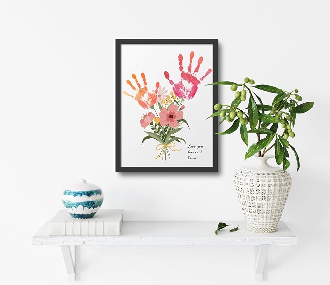 TwoDays Flower Bouquet Handprint Art Craft DIY Kit, Unique Gifts for Mom from Daughter or Son for Mother's Day Birthday Christmas, Gift for Grandma. (Floral-1, Black)