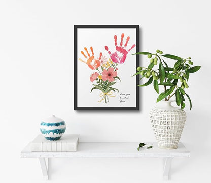 TwoDays Flower Bouquet Handprint Art Craft DIY Kit, Unique Gifts for Mom from Daughter or Son for Mother's Day Birthday Christmas, Gift for Grandma. (Floral-1, Black)