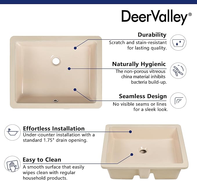 DeerValley Rectangular Undermount Bathroom Sink,19.72"x15.59"x6.54" Modern Vessel Sink Bone Color Undermount Bathroom Sink Rectrangle Porcelain Ceramic Lavatory Vanity Vessel Sink with Overflow