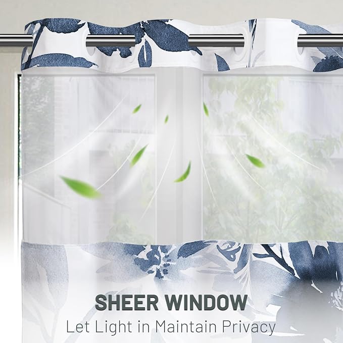 No Hook Floral Shower Curtain with Liner, Aqua Blue, 54x80 | Snap in Liner, 3 in 1, Water Repellent, Easy Install, Machine Washable, Hotel Style for Bathroom, Watercolor Pattern
