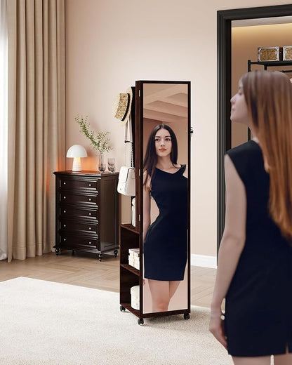 Hzuaneri 8 LEDs Jewelry Cabinet Armoire, 66.9-inch Jewelry Organizer | Lockable Full-length Mirror with Garment Rack & 4 Wheels, Storage Shelves with Hooks, 5-in-1, Brown JC17019B