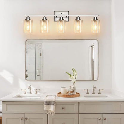 Ascher Bathroom Light Fixtures, 5-Light Vanity Lights with Clear Glass Shade, Modern Brushed Nickel Wall Light for Mirror Bedroom Hallway Cabinet Porch