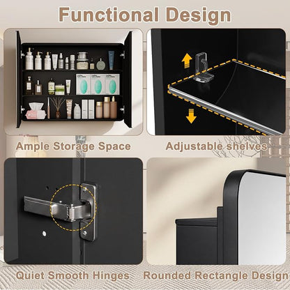 32x24 in Double Door Medicine Cabinet with Mirror, Matte Black | Fully Assembled; Recessed or Surface Wall Mount; Metal Cabinet with Tempered Glass Mirror and Two Adjustable Glass Shelves