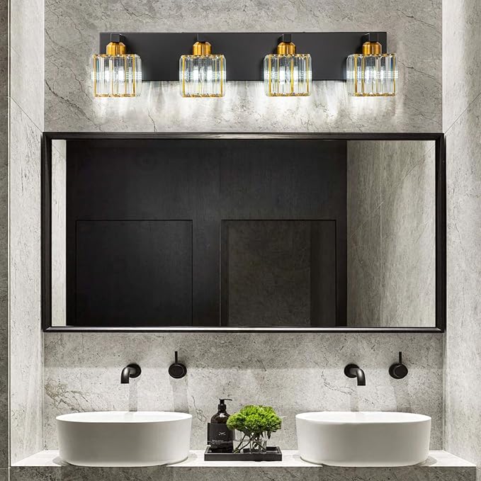 Crystal Black Gold Bathroom Vanity Light, 4-Lights Bathroom Lighting Fixtures Over Mirror Modern Crystal Wall Lighting with Square Shade