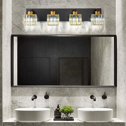 Crystal Black Gold Bathroom Vanity Light, 4-Lights Bathroom Lighting Fixtures Over Mirror Modern Crystal Wall Lighting with Square Shade
