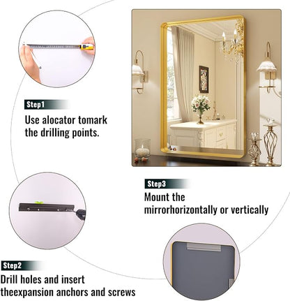 Easly 36 x 24 Inch Gold Bathroom Mirror for Wall,Aluminum Alloy Frame Rectangular Wall Mounted Mirror for Farmhouse Decor Horizontal or Vertical Ideal for Bedroom, Living Room