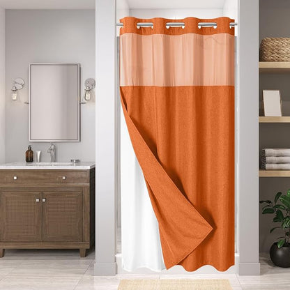 eachope No Hook Fabric Shower Curtain with Snap-in Liner,54x80 Burnt Orange | Linen Texture,230GSM Thick Fabric,Hotel Luxury Decor,Mesh Window,Waterproof & Machine Washable,for Shower Stall or Bathroom