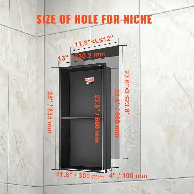 VEVOR 13"x25" Shower Niche No Tile Needed 304 Stainless Steel, Recessed Shower Niche Shelf for Bathroom Storage, Brushed Nickel