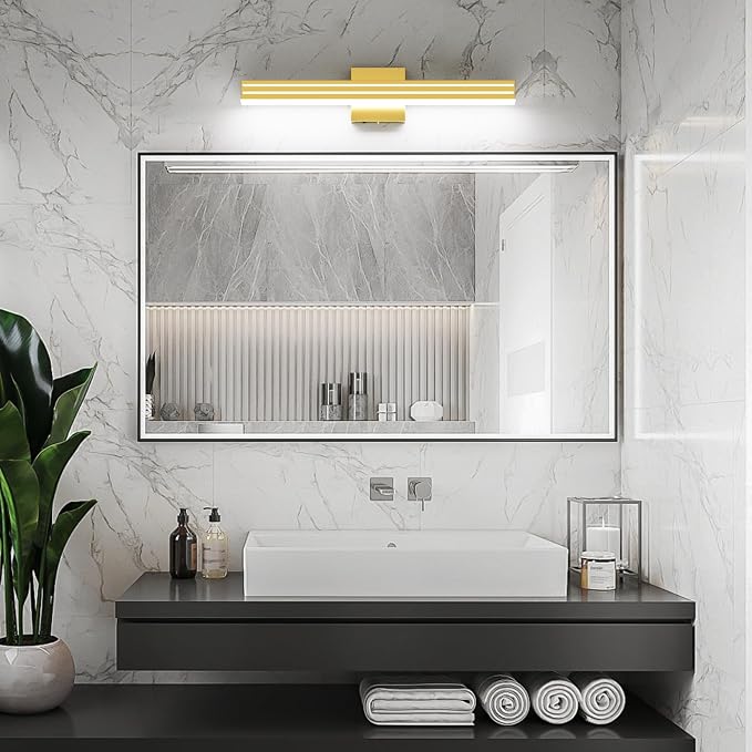 Ralbay 24inch Gold Vanity Light with 5 Color Temperature (2700K-6000K) Dimmable Acrylic Metal 24W LED Modern Matte Gold Bathroom Vanity Light Bar