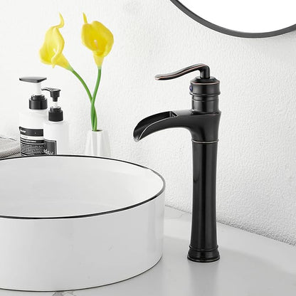 Oil Rubbed Bronze Bathroom Vessel Faucet GGStudy Single Handle One Hole Waterfall Farmhouse Bathroom Vessel Sink Faucet Matching with Pop Up Drain