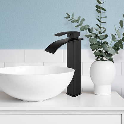 gotonovo Waterfall Tall Bathroom Faucet 1 Hole No Drain, Matte Black | Modern Vessel Sink Faucet Single Handle 304 Stainless Steel,24” cUPC Supply Hoses,for Bowl Basin Lavatory Vanity Restroom RV