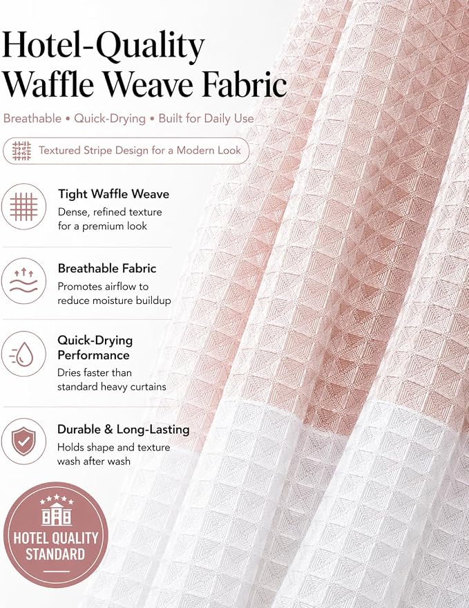 Dainty Home Ombre Waffle Weave Shower Curtain 70 x 72 Blush Textured Fabric Shower Curtain, Hotel Style Waffle Weave Bathroom Curtain, Water Resistant Polyester Ombre Shower Curtain