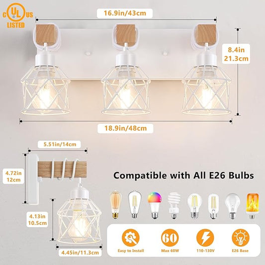 FadimiKoo 3-Light Farmhouse White Bathroom Vanity Light Fixtures, Rustic Wood Vanity Lights for Bathroom, Modern Bath Sconces Wall Lighting with Elegant Metal Shade for Mirror, Living Room, Bedroom