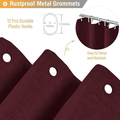 BTTN Burgundy Shower Curtain - Linen Textured Heavy Duty Waterproof Cloth Shower Curtain Set with 12 Plastic Hooks, Hotel Spa Luxury Simple Decorative Thick Fabric Shower Curtains for Bathroom - 72x72