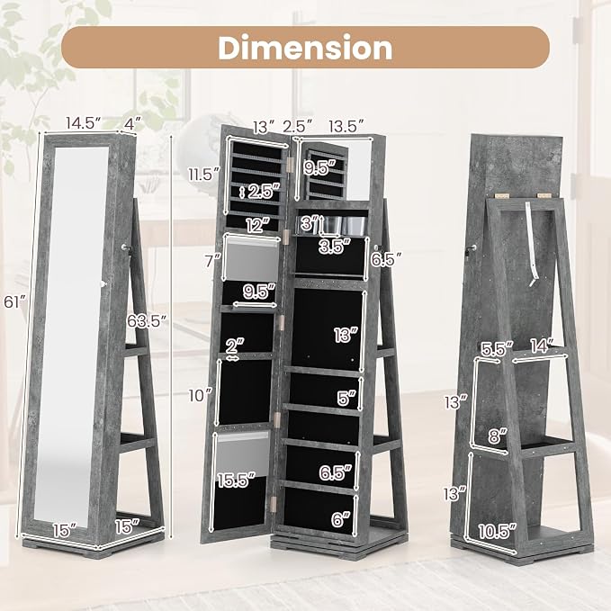 GOFLAME 360° Rotating Jewelry Armoire, Lockable Jewelry Cabinet with Full-Length Mirror & Inner Makeup Mirror, Standing Jewelry Storage Organizer with Rear Storage Shelves, Stone Gray