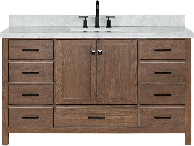 ARIEL Cambridge 60-inch Bathroom Vanity with Sink,Solid Wood, 1.5-inch Italian Carrara Marble Countertop, Single Rectangular Porcelain Sink, 2 Soft Closing Doors, 9 Dovetail Drawers, Brown Oak
