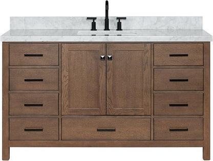 ARIEL Cambridge 60-inch Bathroom Vanity with Sink,Solid Wood, 1.5-inch Italian Carrara Marble Countertop, Single Rectangular Porcelain Sink, 2 Soft Closing Doors, 9 Dovetail Drawers, Brown Oak