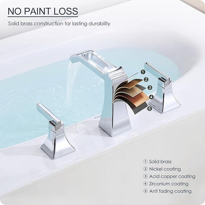 Chrome Bathroom Faucet 3 Hole, Brass Waterfall 8 Inch Widespread Bathroom Sink Faucet with Pop-up Drain, Pre-Installed Supply Hoses, 2 Handles for Vanity, Lavatory, Modern Hollowed Spout