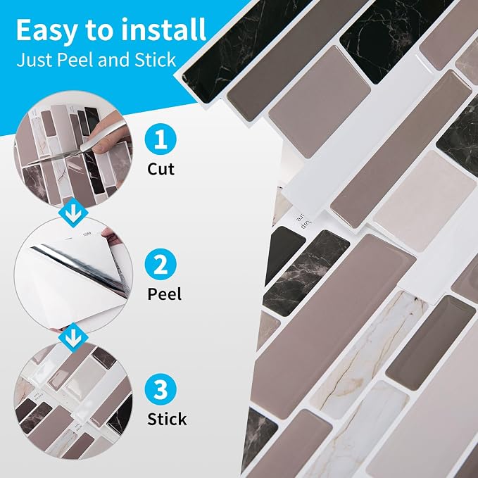 Art3d Stone Peel and Stick Backsplash, 10-Sheet, 12" x 12", Brown Marble | Lightweight, Self Adhesive, Moisture Resistant, Easy to DIY, Modern Style, for Kitchen, Bedroom, Ideal for New Home Buyers