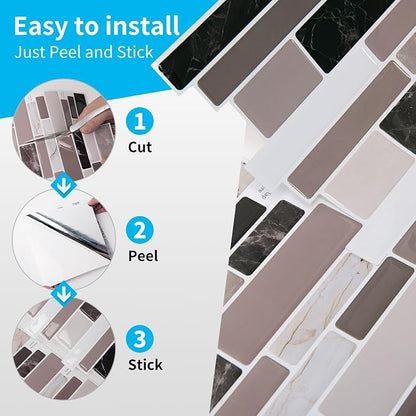 Art3d Stone Peel and Stick Backsplash, 10-Sheet, 12" x 12", Brown Marble | Lightweight, Self Adhesive, Moisture Resistant, Easy to DIY, Modern Style, for Kitchen, Bedroom, Ideal for New Home Buyers