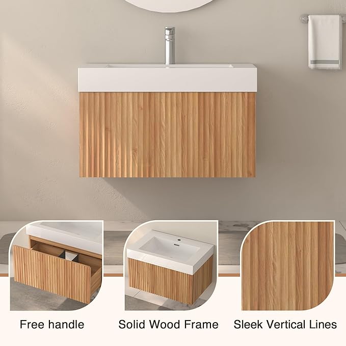 Floating Bathroom Vanity with Sink, Nature Soild Wood Cabinet with Ceramic Basin, Extra Large Storage Drawer & Pre-Assembled Vanities for Bathroom, Powder Room (Nature C Style, 30“)
