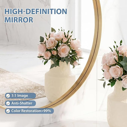 DUMOS Round Wall Mirror 30 Inch, Bathroom Wall Circle Mirror | Bathroom Decor for Entryway, Living Room, Vanity, Metal Frame, Tempered Glass, Anti-Rust, Hanging or Leaning, Gold