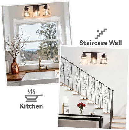 3-Light Black Bathroom Vanity Light Fixture Over Mirror, Industrial Caged | Farmhouse Rustic Wall Sconce Light Fixture with Metal Wire Lampshade for Bathroom, 17.9 Inch,E26(Bulbs not Included)