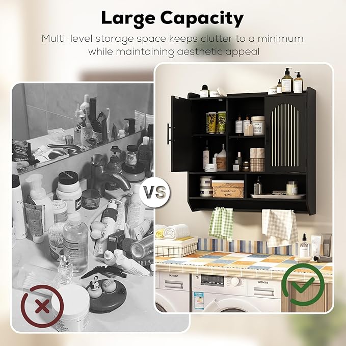 RUSTOWN Fluted Bathroom Wall Cabinet, Mid-Century Modern Medicine Cabinet with Adjustable Shelves & Towel Bar,3-Tier Wall Mounted Cabinets, Over The Toilet Storage Cabinets for Bathroom, Rustic Black