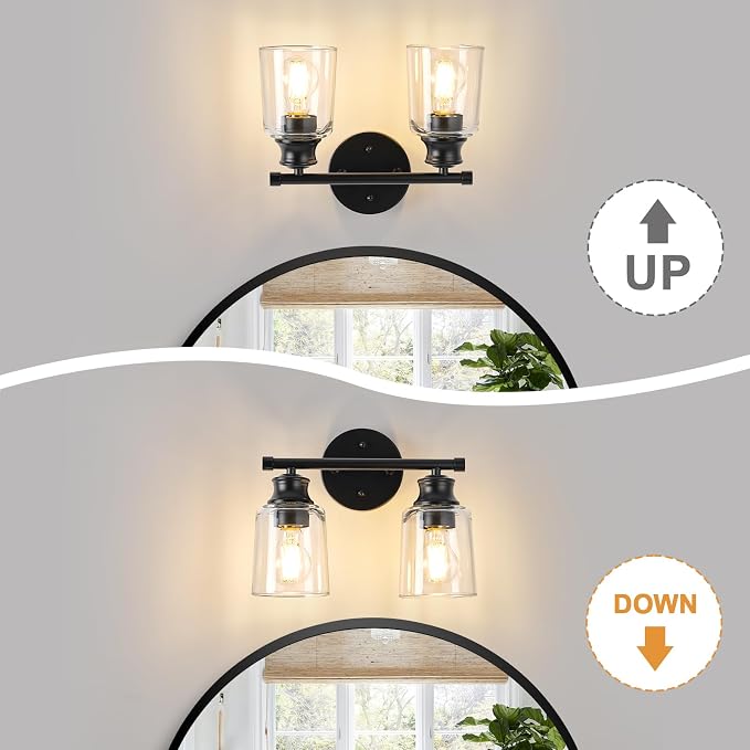 Bathroom Light Fixtures Over Mirror, 2 Lights Vanity Lights with Clear Glass Shade, 12.1" Matte Black Farmhouse Bathroom Wall Light Fixtures for Bedroom, Porch, Hotel, Mirror Cabinet