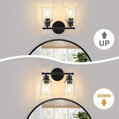 Bathroom Light Fixtures Over Mirror, 2 Lights Vanity Lights with Clear Glass Shade, 12.1" Matte Black Farmhouse Bathroom Wall Light Fixtures for Bedroom, Porch, Hotel, Mirror Cabinet