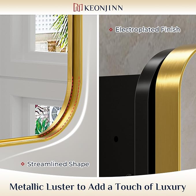 Keonjinn 24"x32" Gold Medicine Cabinet Mirror, Stainless Steel Framed | Stepless Adjustable Shelves, Surface Mount/Recessed, Heavy & Solid, Soft Close with DTC Hinges, Bathroom Medicine Cabinet