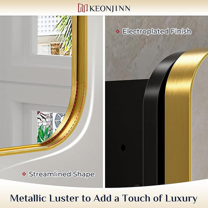 Keonjinn 24"x32" Gold Medicine Cabinet Mirror, Stainless Steel Framed | Stepless Adjustable Shelves, Surface Mount/Recessed, Heavy & Solid, Soft Close with DTC Hinges, Bathroom Medicine Cabinet