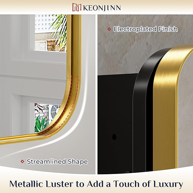 Keonjinn 24 x 32 Inch Gold Recessed Medicine Cabinets, Bathroom Mirrored Medicine Cabinet, Dim Brushed Brass Stainless Steel Framed, DTC Hinges, Stepless Adjustable Shelves, in Wall or Surface Mount