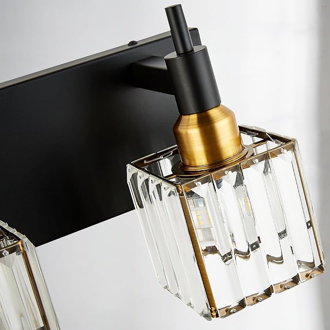 Modern Crystal Bathroom Vanity Light 3-Light Brass Wall Light Fixtures Over Mirror Black and Gold Vanity Lighting for Bathroom Square Shade Brass Wall Sconce