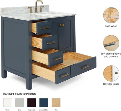 ARIEL Cambridge 36-inch Bathroom Vanity with Sink,Solid Wood, 0.75-inch Italian Carrara Marble Countertop, Single Rectangular Porcelain Sink, 2 Soft Closing Doors, 5 Dovetail Drawers, Midnight Blue