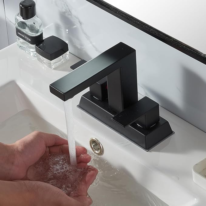 Black 2 Handle Centerset Bathroom Faucet,Matte Black 4 Inch Bathroom Sink Faucet Modern Vanity Faucets for Sink 3 Hole Lavatory Bath Faucet with Lead-Free Supply Hose and Pop up Drain