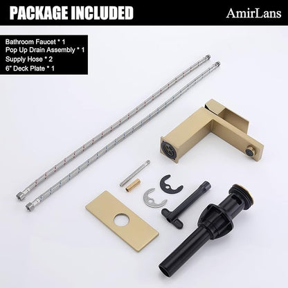 Brushed Gold Bathroom Faucets Single Hole, Single Handle Stainless Steel Faucet for Bathroom Sink with Pop Up Stopper, Gold Vanity Faucet AML-1141-BG