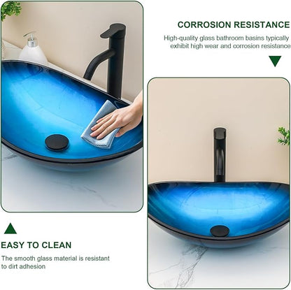 Sarlai Blue Boat Shap Bathroom Vessel Sink with Black Faucet and Pop Drain 21 x 14 Inch Modern Artistic Tempered Glass Basin Countertop Bowl Sink
