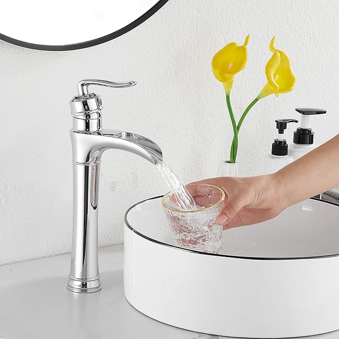 Chrome Bathroom Faucet GGStudy Waterfall Bathroom Faucet Single Handle One Hole Tall Body Farmhouse Bathroom Vessel Sink Faucet Vanity Faucet Matching with Pop Up Drain