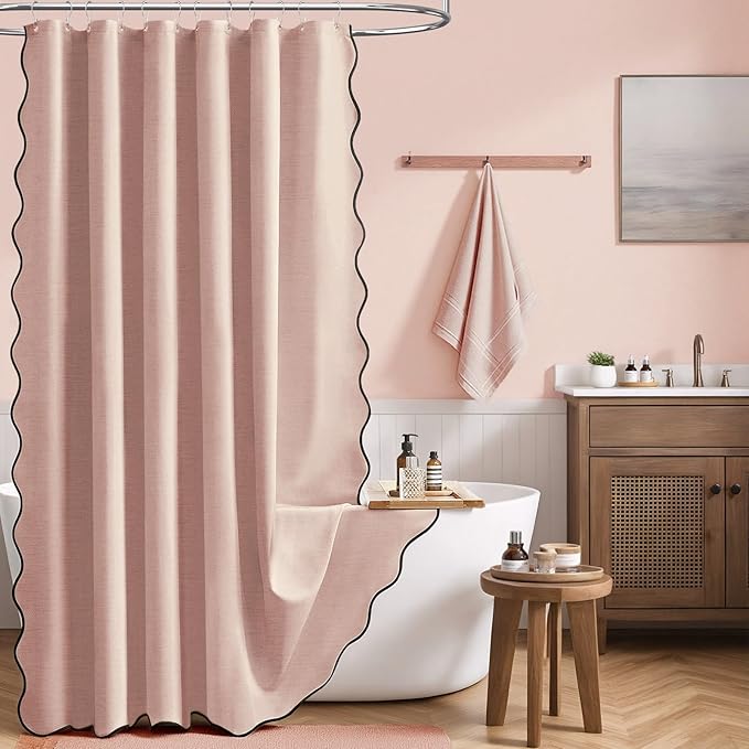 BTTN 96 Inch Shower Curtain, Extra Long Boho Scalloped Linen Textured Heavy Duty Fabric Shower Curtain Set with 12 Hooks, Tall Modern Cute Waterproof Washable Shower Curtains for Bathroom, Blush Pink