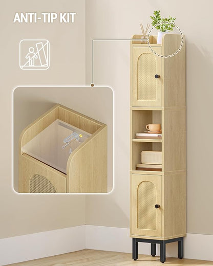 Hzuaneri Slim Bathroom Storage Cabinet, Narrow Bathroom Organizers,2 Doors | Narrow Bathroom Storage with 4 Adjustable Feet, Laundry Room Organization for Small Space,Kitchen, Rattan Yellow BC22402Y