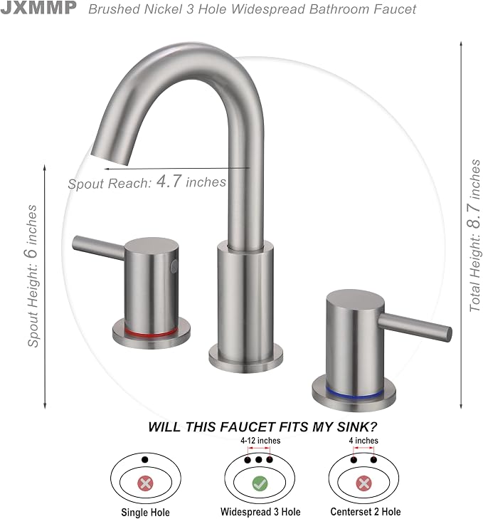 2 Handle Bathroom Faucet, 8 in Brushed Nickel Widespread Bathroom Sink Faucet with Pop Up Drain and Supply Lines, Stainless Steel 3 Hole Bathroom Faucet for Vanity