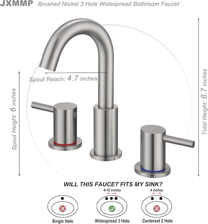 2 Handle Bathroom Faucet, 8 in Brushed Nickel Widespread Bathroom Sink Faucet with Pop Up Drain and Supply Lines, Stainless Steel 3 Hole Bathroom Faucet for Vanity