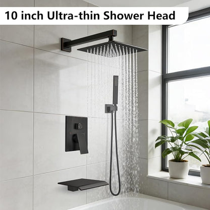 Midanya Shower System with Tub Spout,10 Inch Shower Head,Oil Rubbed Bronze | with Valve & Trim Kit,Square Rain Head,Handheld Sprayer,Waterfall Spout,All Metal Wall Mount Bathroom Shower Tub Faucet Set